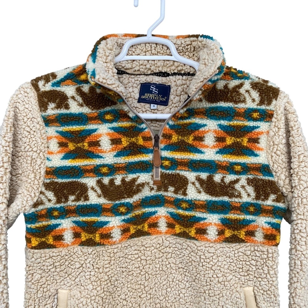 Simply Southern Fuzzy Bear Southwestern Print Quarter Zip Pullover Women's S - Picture 5 of 11